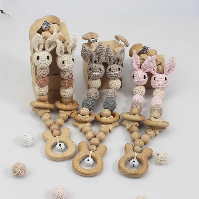 Wózek dziecięcy wisiorek grzechotka drewniana gryzak łóżeczko dziecięce wiszące grzechotki zabawka Amigurumi kształt króliczka szydełkowe koraliki bransoletka klips do wózka dziecięcego — zdjęcie 2
