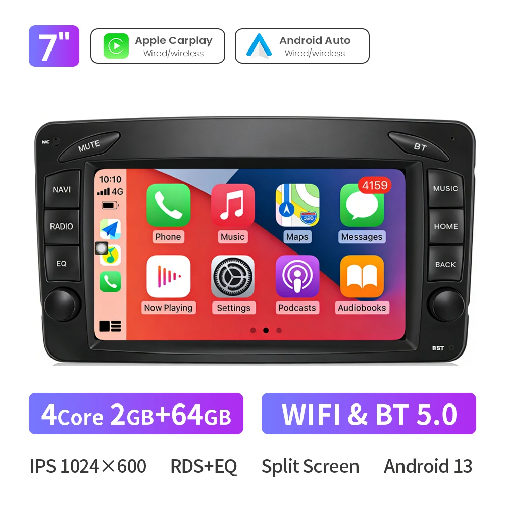 Eunavi Draadloze CarPlay Android Auto 7 Inch Radio Voor Benz CLK W209 C209 W168 W203 W463 1998-2006 4G Smart Multimedia Systemen