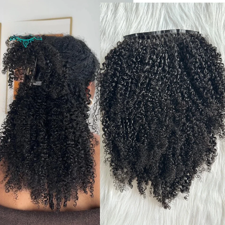 Afro Kinky Krullend Clip-ins Hair Extensions Echt haar Naadloos PU Clip-in haar Huidinslag 7 stks / set 120g Volledig hoofd voor zwarte vrouwen - afbeelding 2