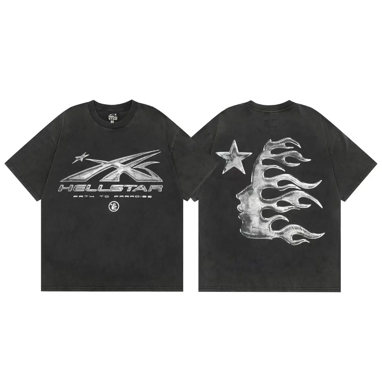 Men Vintage Washed Short Sleeve T‑Shirt, Retro Metallic Figure & Star Graphic Print Loose Oversized Crew Neck Hip‑Hop Streetwear Casual Male Tops