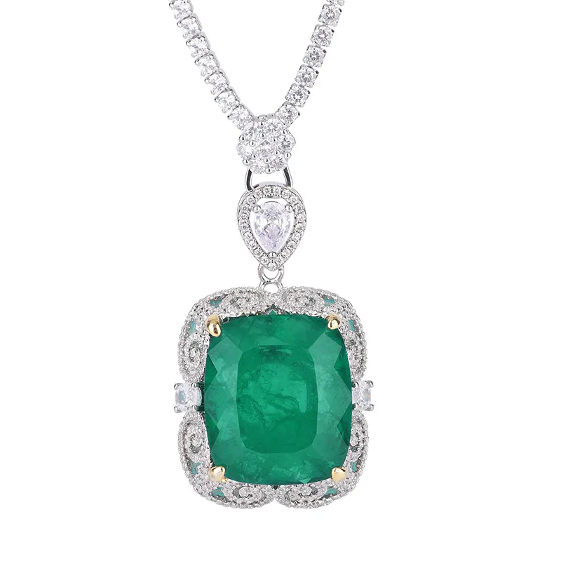 JitDoo Luxury Vintage 20*23mm Emerald Pendant Tennis Chain Necklace for Women Lab Diamond Cocktail Party Fine Jewelry Accessory