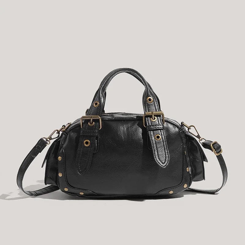 

Y2K стиль PU ретро мотоциклетный стиль мини-сумка Бостон Maillard женская универсальная цилиндрическая ручная сумка через плечо