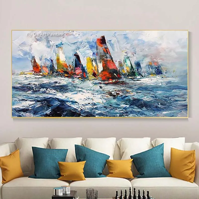 

Sailing Boat Sailing On The Sea Oil Painting Hand Painted Colorful Boat Blue Ocean Seascape Canvas Painting Modern Artwork Decor