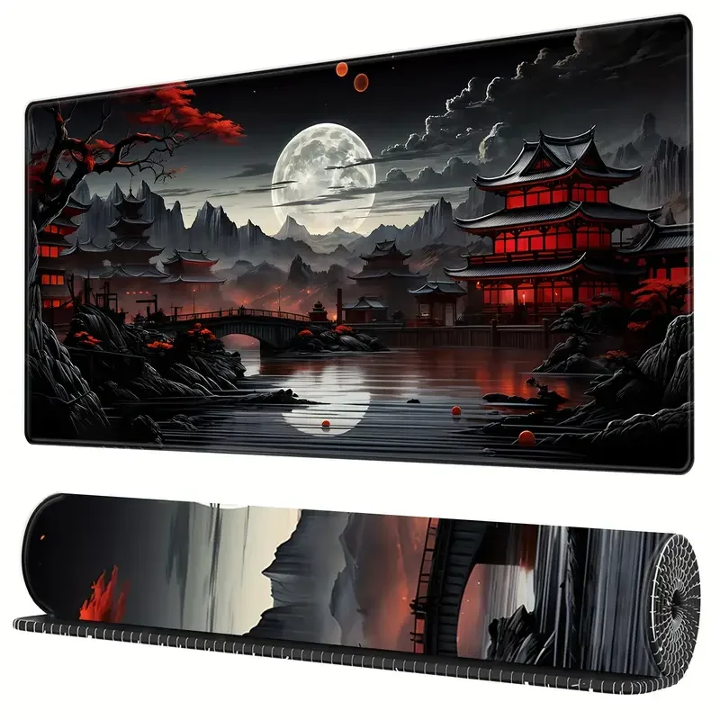 

Japanese Style Full Moon River Landscape Desk Mat, Non-Slip Rubber Gaming Mouse Pad, Extended Keyboard Mat for Office/Home Decor