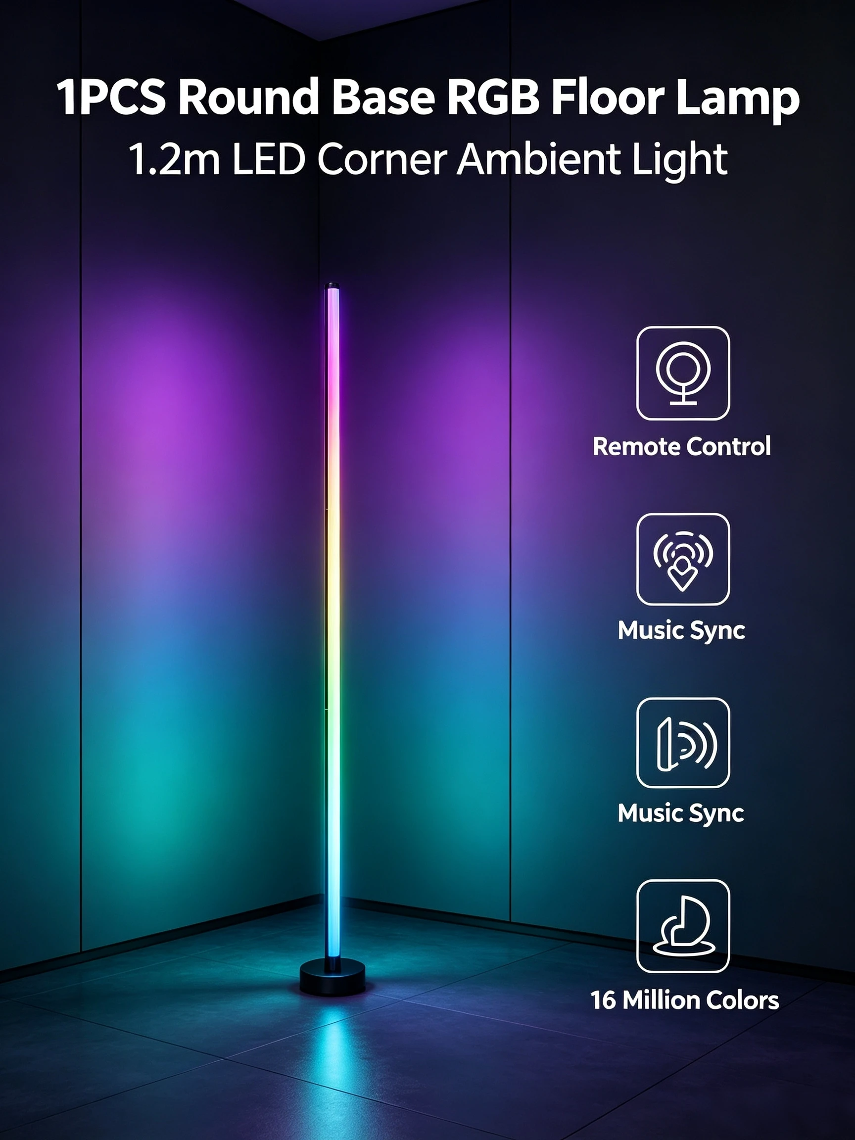 1PCS Round Base RGB Corner Floor Lamp with Remote Control, Multiple Static & Dynamic Colors, USB LED Ambient Standing Light for Bedroom, Living Room & Gaming Room