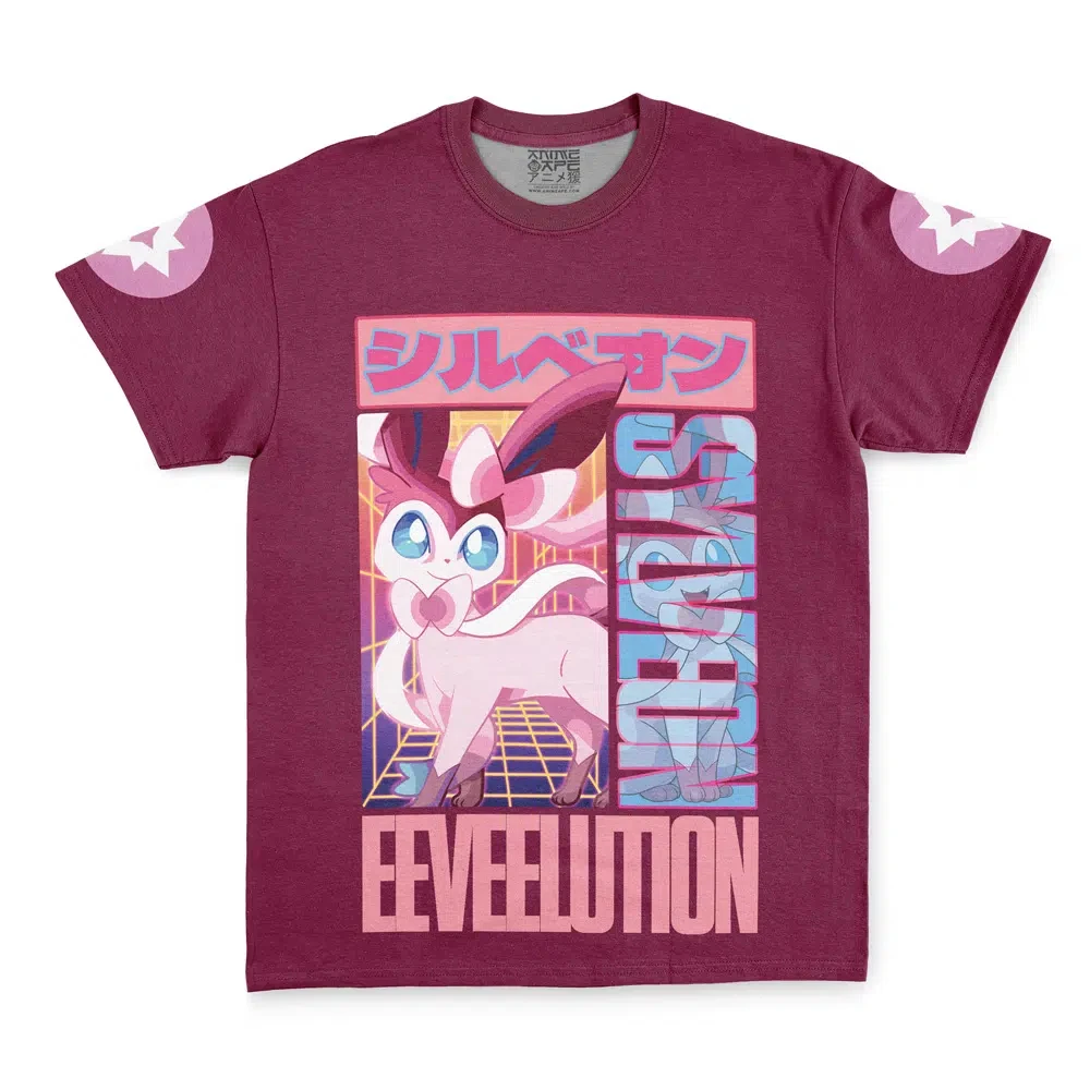 Men's Anime Graphic T-Shirt, Burgundy Base Pokemon Sylveon Eeveelution Print Sleeve Star Logo Soft Breathable Otaku Daily Short