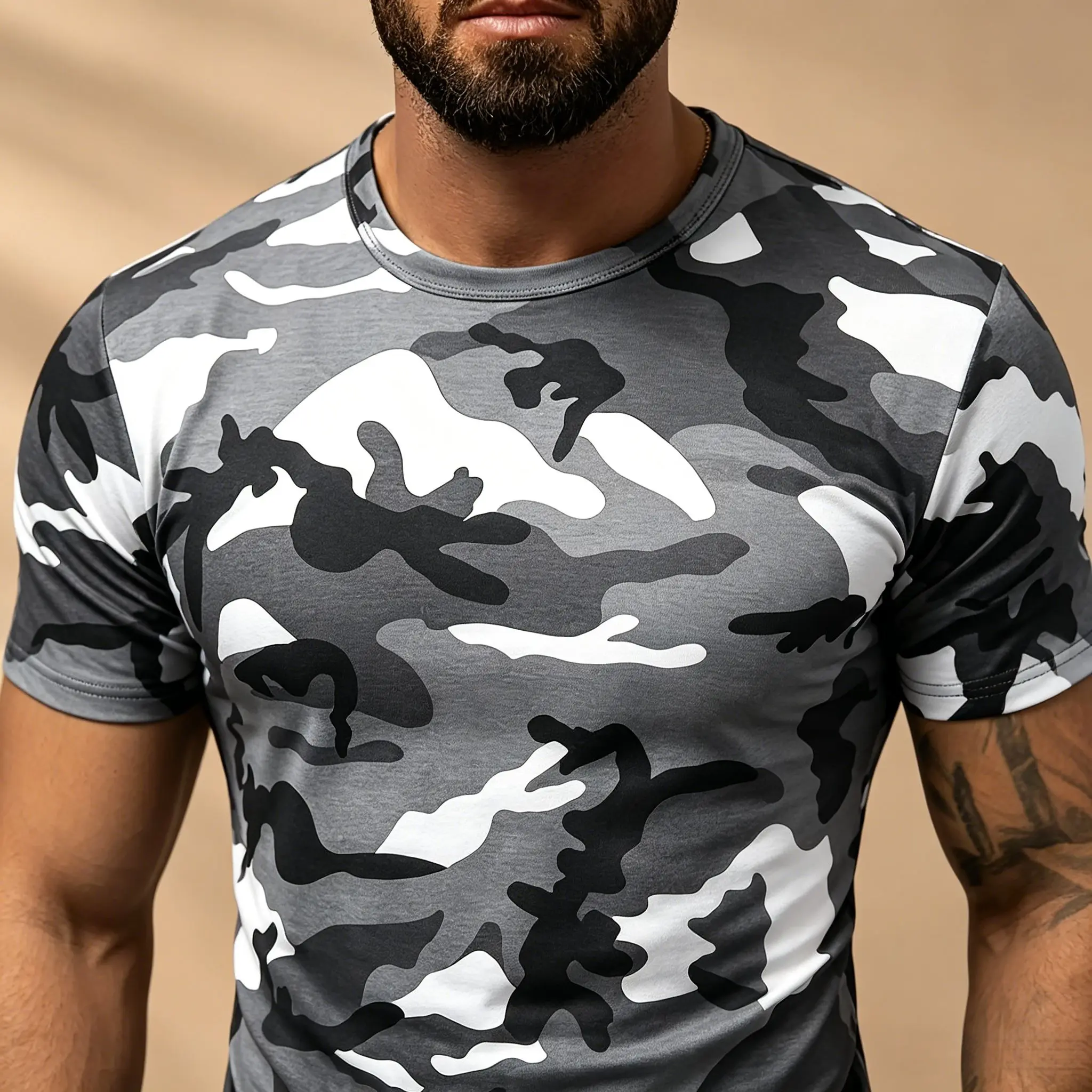 Men's Grey White Black Camo Full Print T-Shirt, Slim Fit Crew Neck Stretch Soft Fabric Camouflage Short Sleeve Tee For Outdoor H view 6