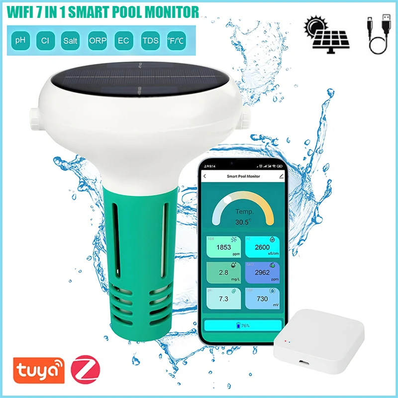 7 in 1 Tuya Zigbee Swimming Pool Water Quality test PH ORP EC TDS Sality Chlorine Temperature Meter Solar Water Analyzer