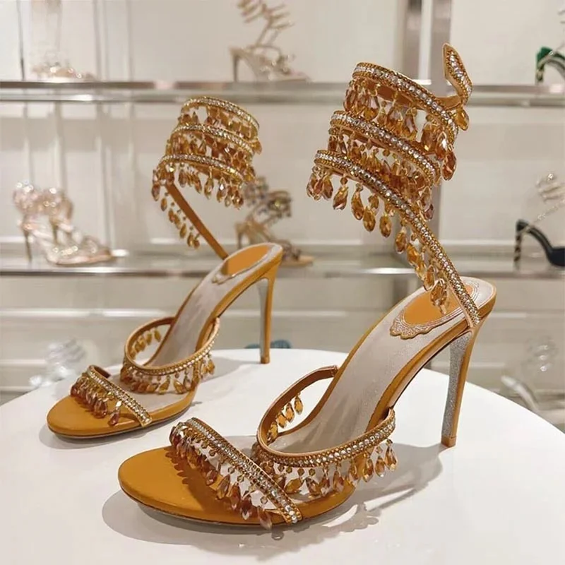 Vrouwen Dunne Hoge Hakken Kwasten Strass Decor Sandalias Enkel Slangvormige Riem Verstrikking Sandalen Zomer Feestjurk Schoenen - afbeelding 2
