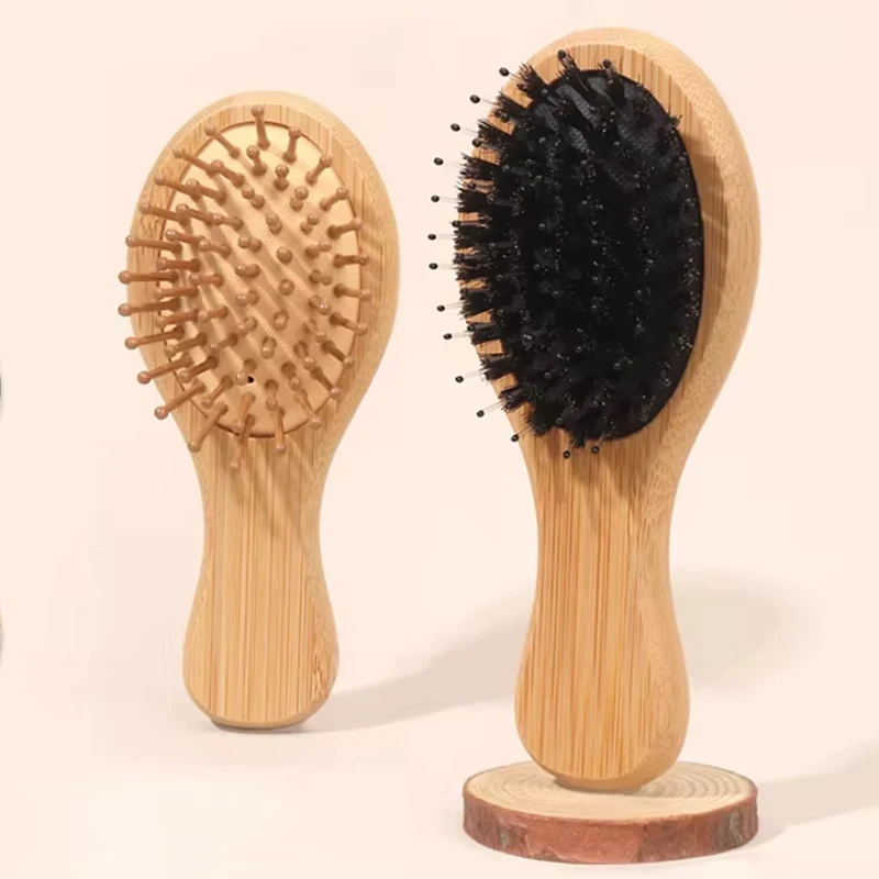 1/2 peças mini conjunto de escova de cabelo com almofada de ar de bambu/madeira - escova de cabelo portátil para viagem