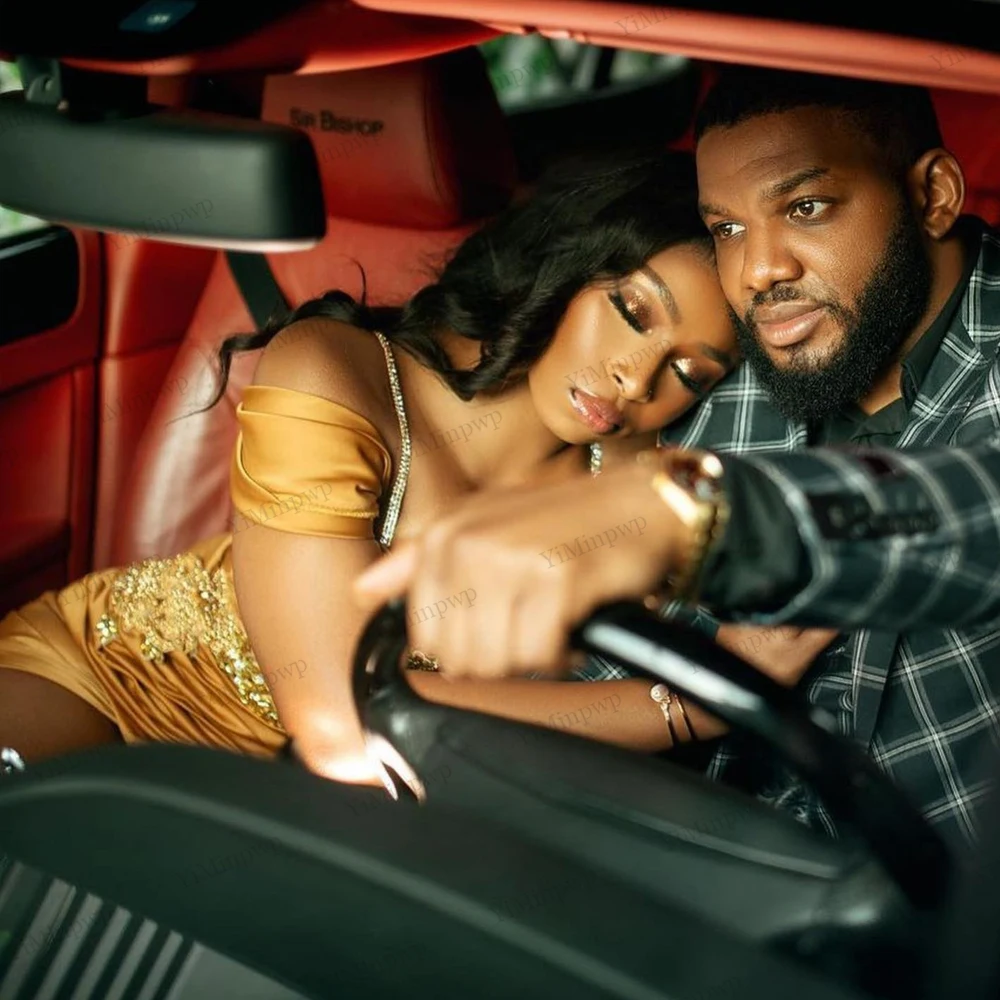 Gold Mermaid Evening Dresses Spaghetti Split Pleats Rhinestone Sequin Beading Long Aso Ebi Women Wedding Party Dress Customized