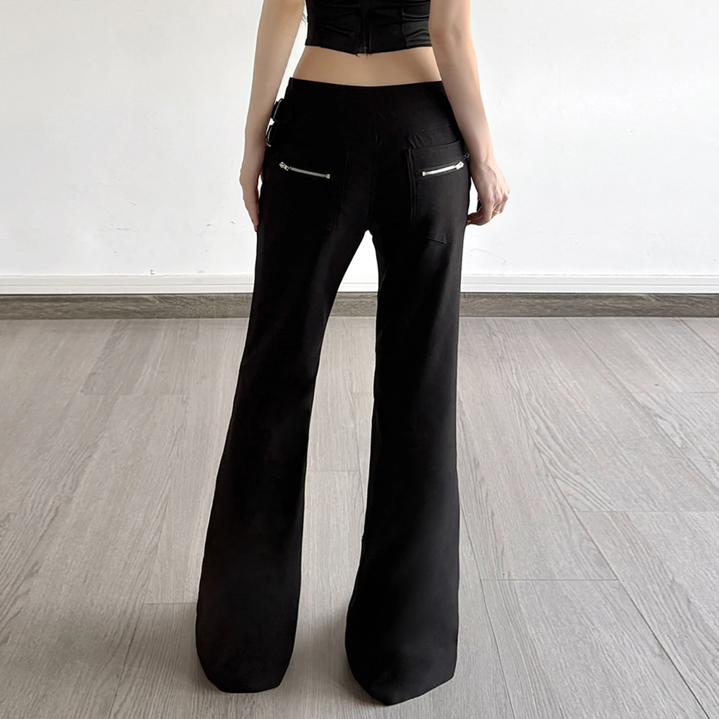 Y2K Black Flare Pants Women Low Waist Slim Fit Button Detail Side Zipper Gothic Chic Bell Trousers Casual Bottoms 2026 Trend New