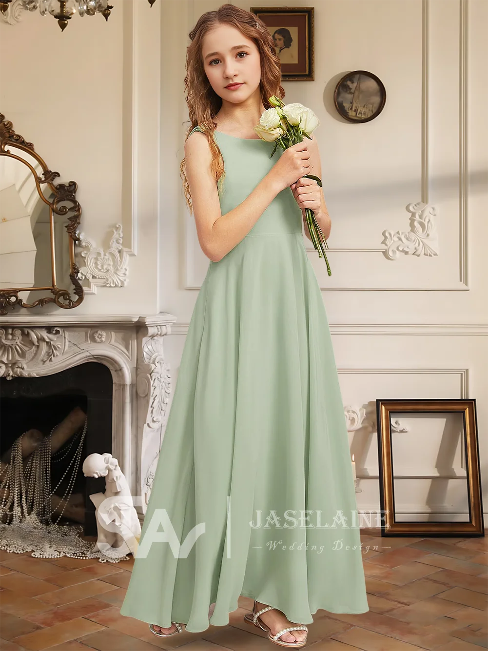 

A Kids A Line Scoop Floor Length Chiffon Junior Bridesmaid Dress Flower Girl Dress Girls Party Wedding Formal Special Occasion