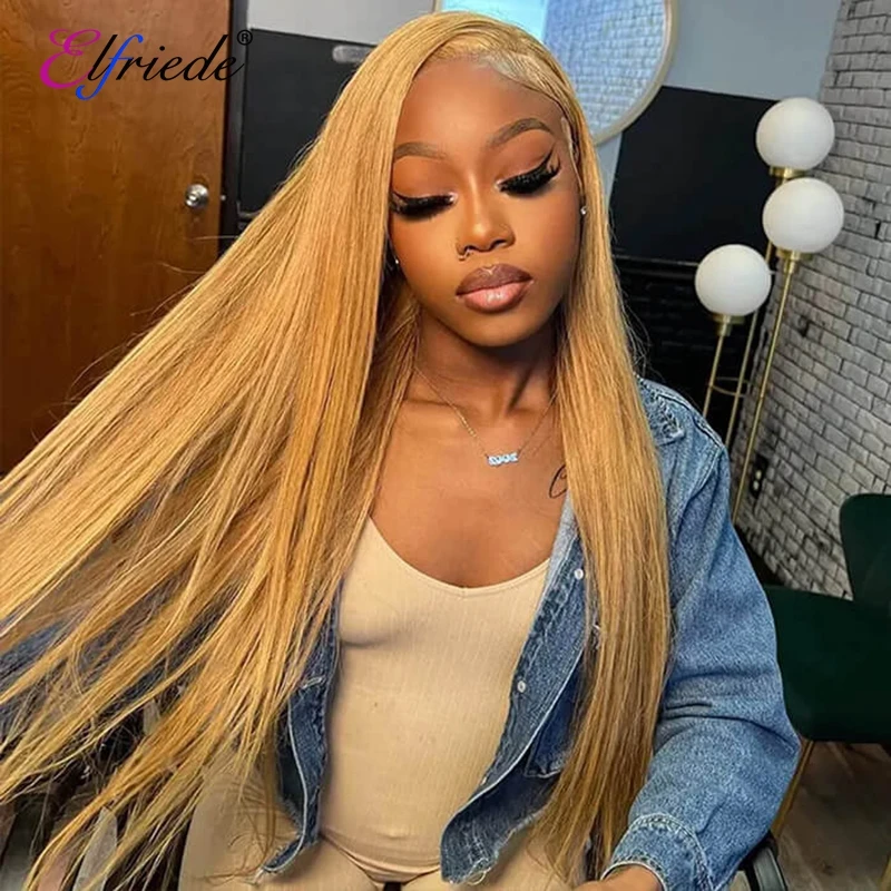 

Elfriede #27 Honey Blonde Lace Wig Women Straight Skin Melt 4X4 13X4 13X6 HD Lace Frontal Wigs Preplucked Remy Human Hair Wigs