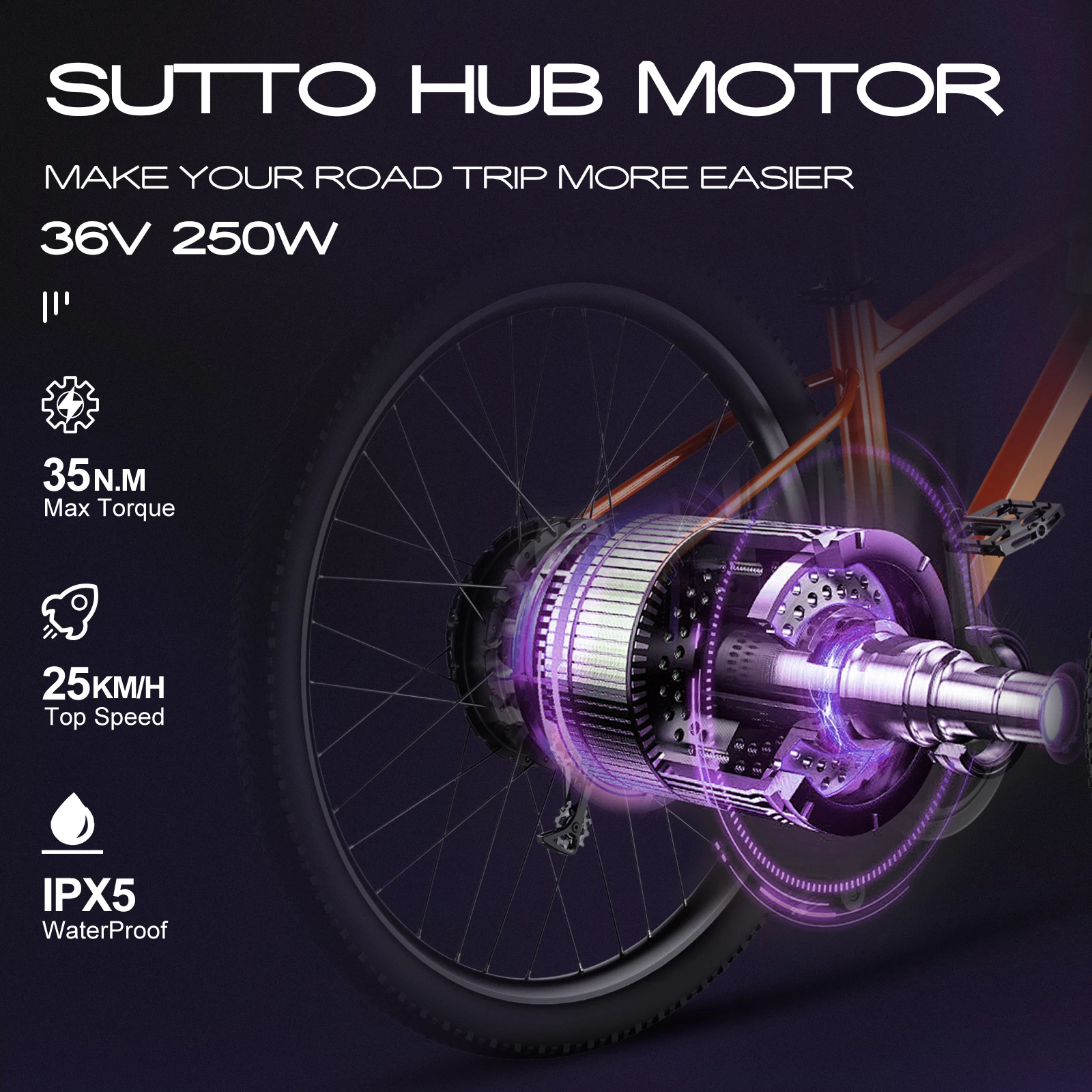 SUTTO 36V Rear Wheel Hub 250W Motor Coversion kit Electric Bike With 24Ah Lithium Battery 30A BMS Original 18650 21700 Cell