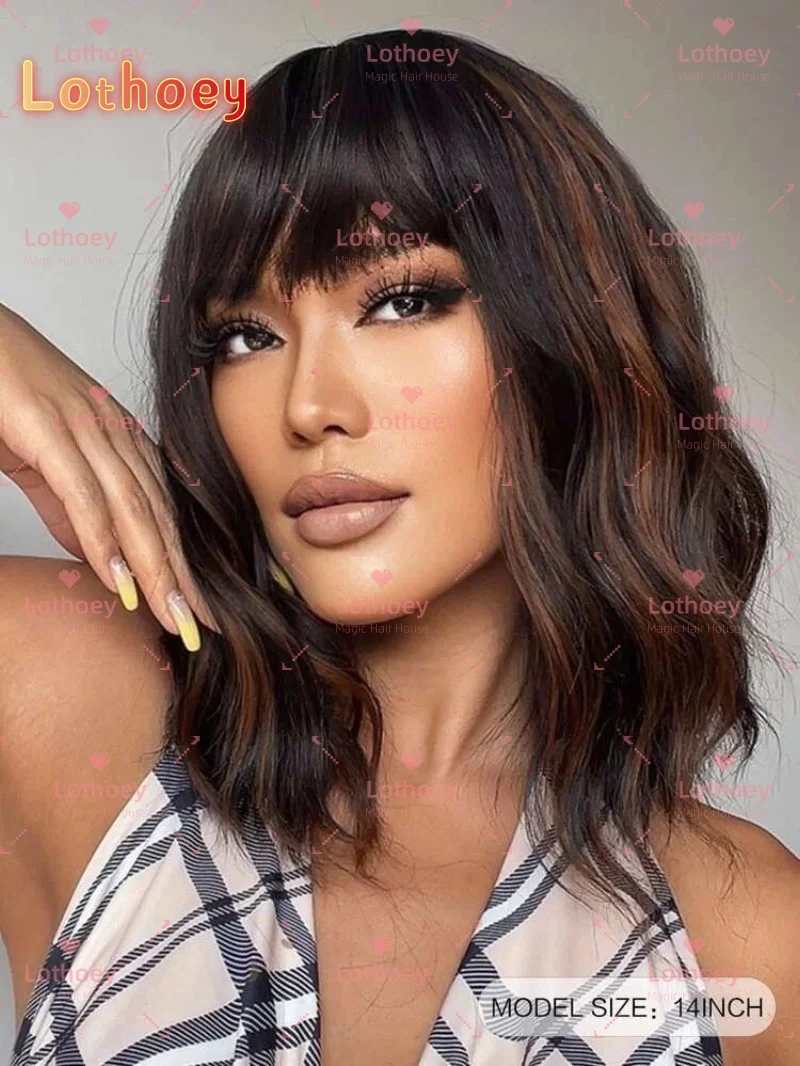 Parrucca corta tinta marrone nero Parrucca onda del corpo con frangia Adatto per donne nere Parrucca base in seta Adatto per feste quotidiane Cosplay Naturale