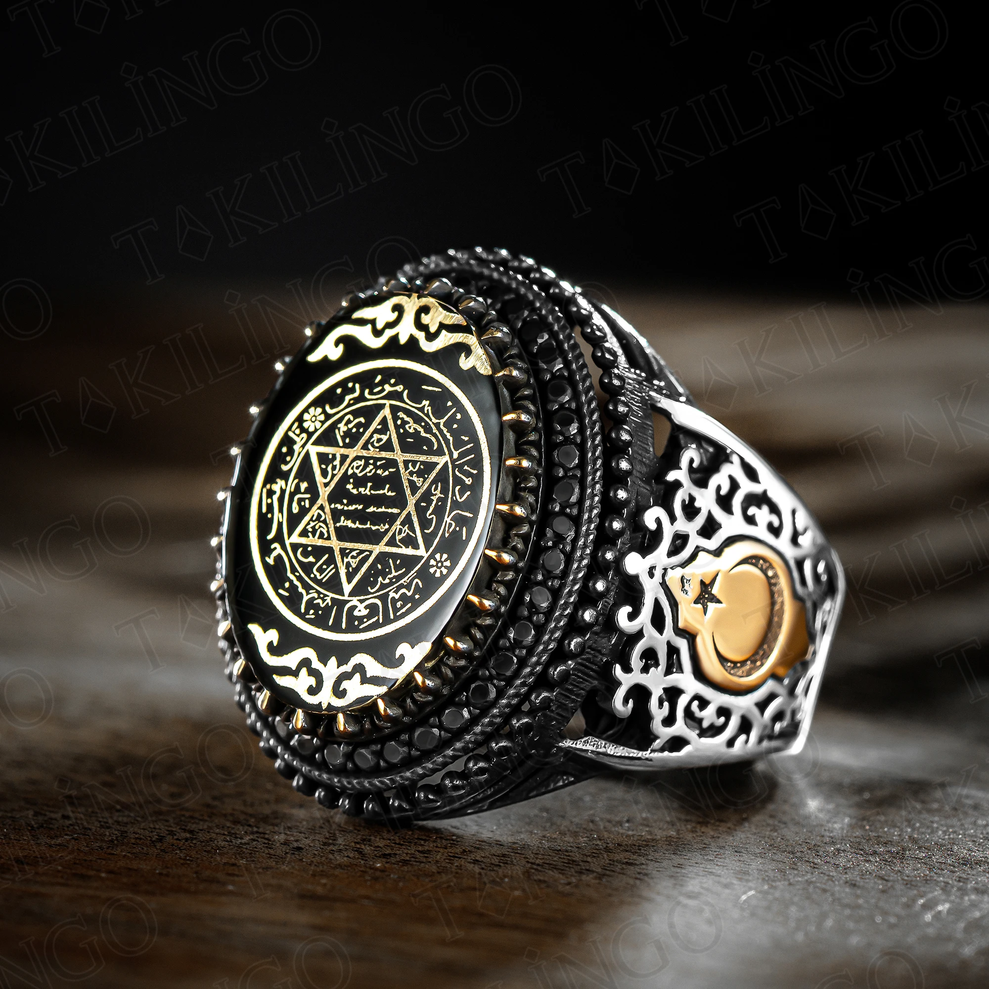 

Men's Seals of The Seven Archangels Rings Seal Of Solomon Kabbalah Ring 925 Sterling Silver Black Triangle Star of David Ring