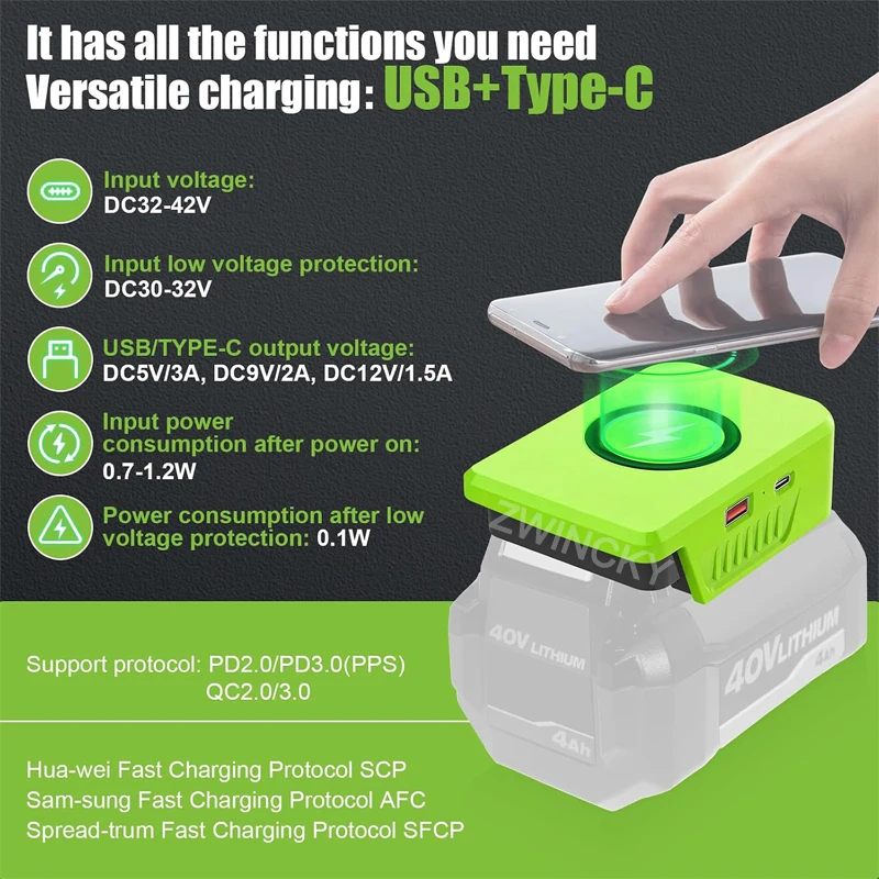 Tool Accessories Adapter For Ryobi 40V Battery Portable USB Type-C Power Bank Wireless Charger Phone Charger for Ryobi