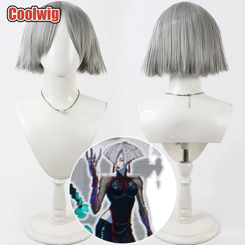 Coolwig Synthetic Hair A.K.I Cosplay Wigs Game Street Fighter 6 A.K.I Halloween 25cm Short Straight Gray Wig Heat Resistant