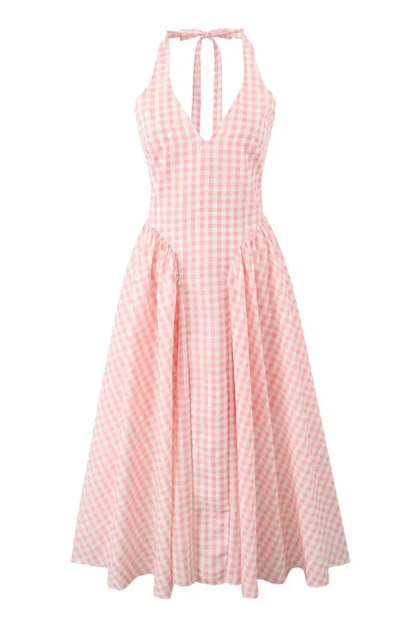 Abito da donna con cinturino per spaghetti scozzese a quadretti rosa e bianco - Maxi senza maniche con scollo a V smock sul retro e orlo svasato - Su fluido