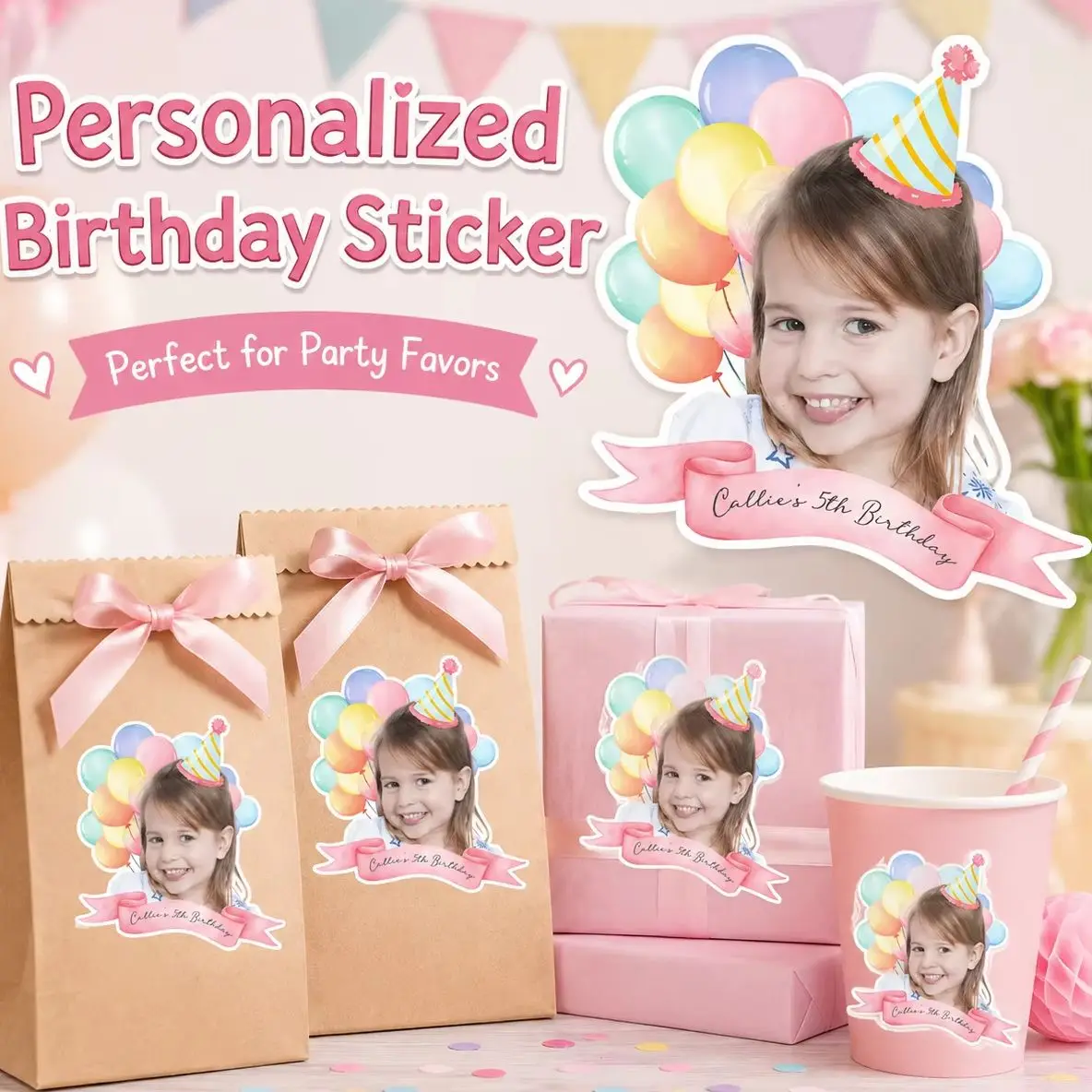 Customizable round Birthday Sticker with Photo Name & Age - Unique Personalized Party Decoration Label