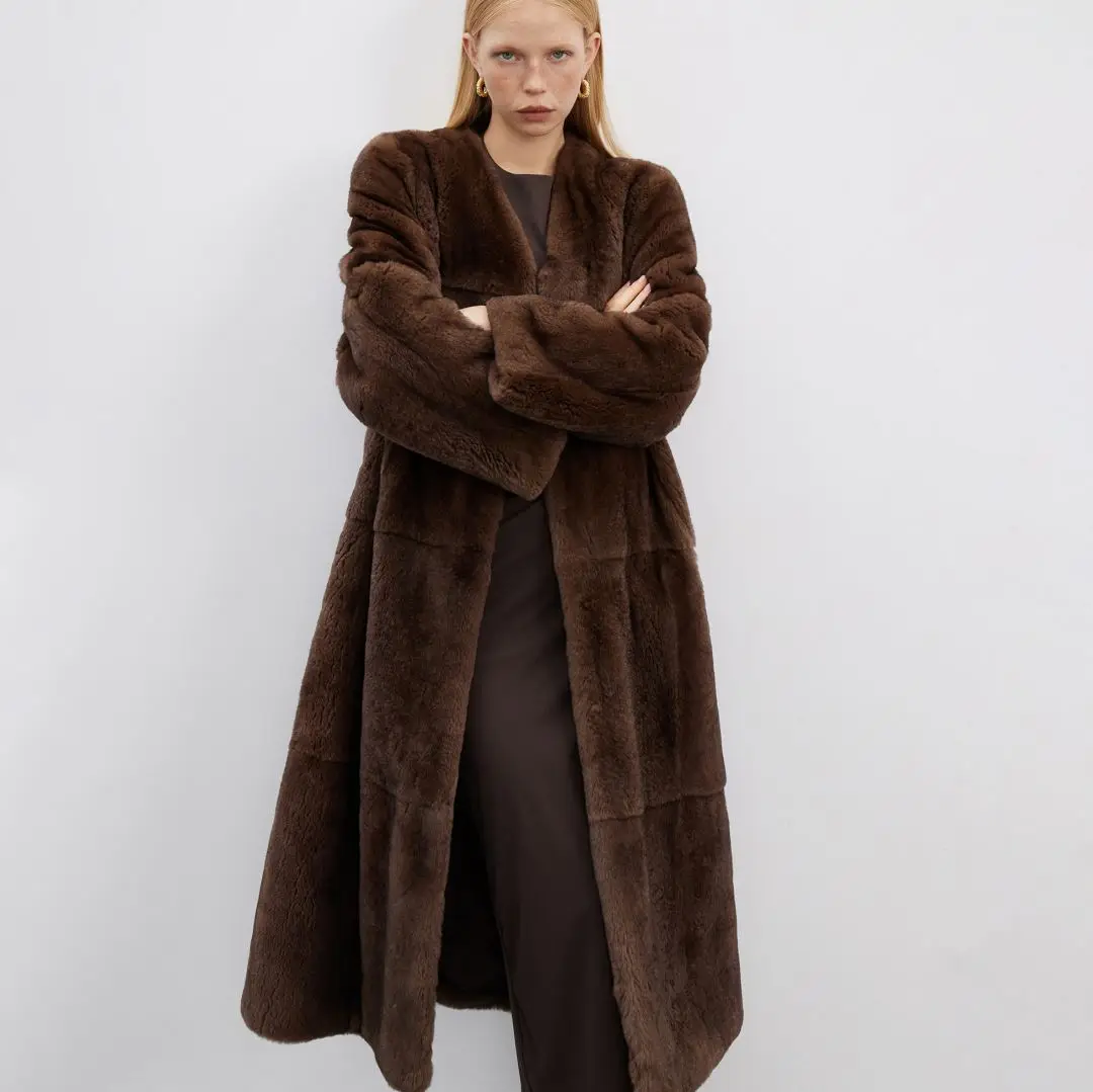 115cm Long Real Rex Rabbit Fur Coat V-neck Women Winter Fashion Wholeskin Genuine Rex Rabbit Fur Coats Luxury Outwear Woman