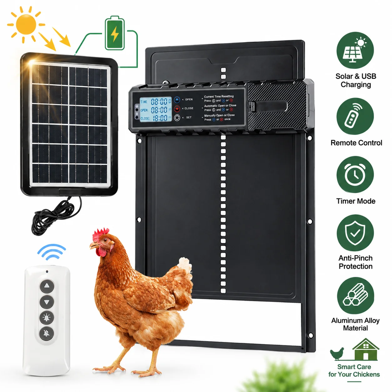 Porta automatica per pollaio, porta per pollaio alimentata a energia solare con batteria da 2000 mAh, telecomando e timer programmabile, sistema intelligente di apertura automatica della porta per