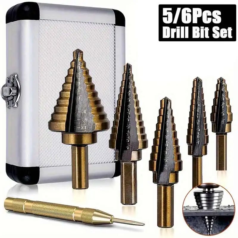 HSS 4241 Cobalt Step Drill Bit Set 5/6Pcs Drill Bits Aluminum Box Metal Drilling Hole Tools for Metal lron Copper Plastic & Wood