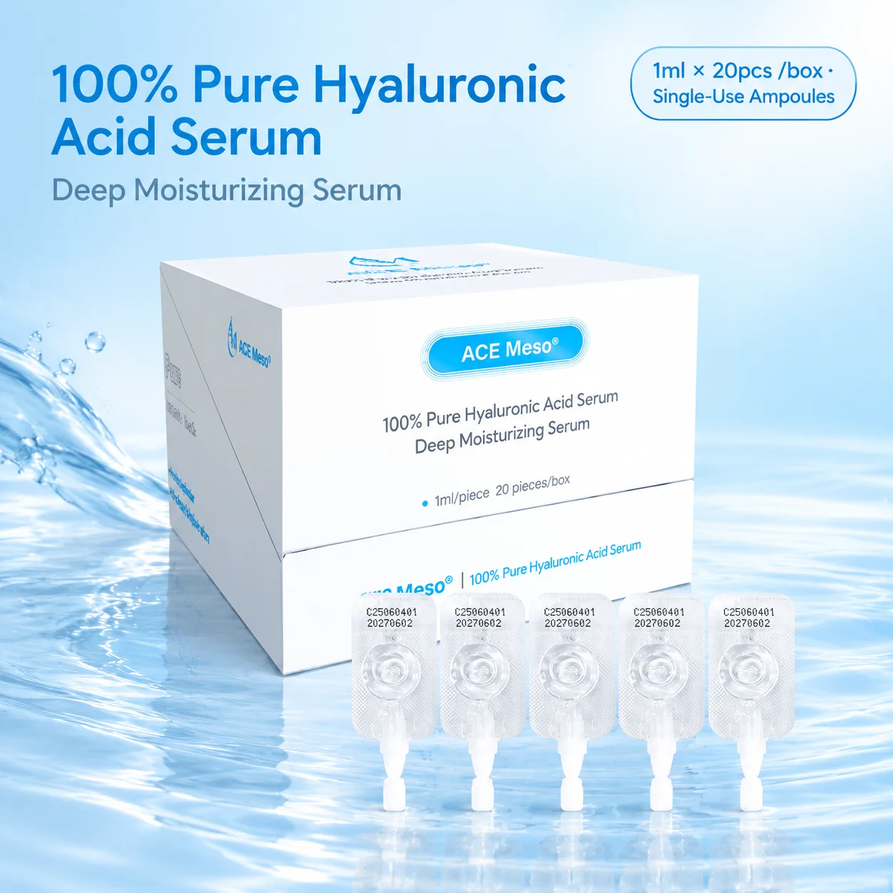 20ml 100% Pure Hyaluronic Acid Serum 1ml x 20pcs Sterile Single Package Individually Packaged Moisturizing Essence  Set