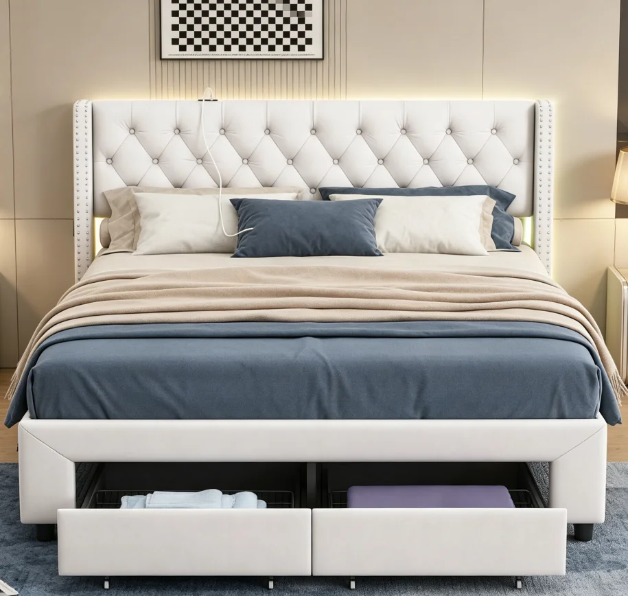 Rosahqnda Polsterbett 140×190/160×200/180×200 cm mit 4 Schubladen und LED-Beleuchtung, Bett mit Stauraum, USB-Ladeanschluss und Seitentaschen, Samt-Plattform-Bettgestell, Beige, ohne Matratze