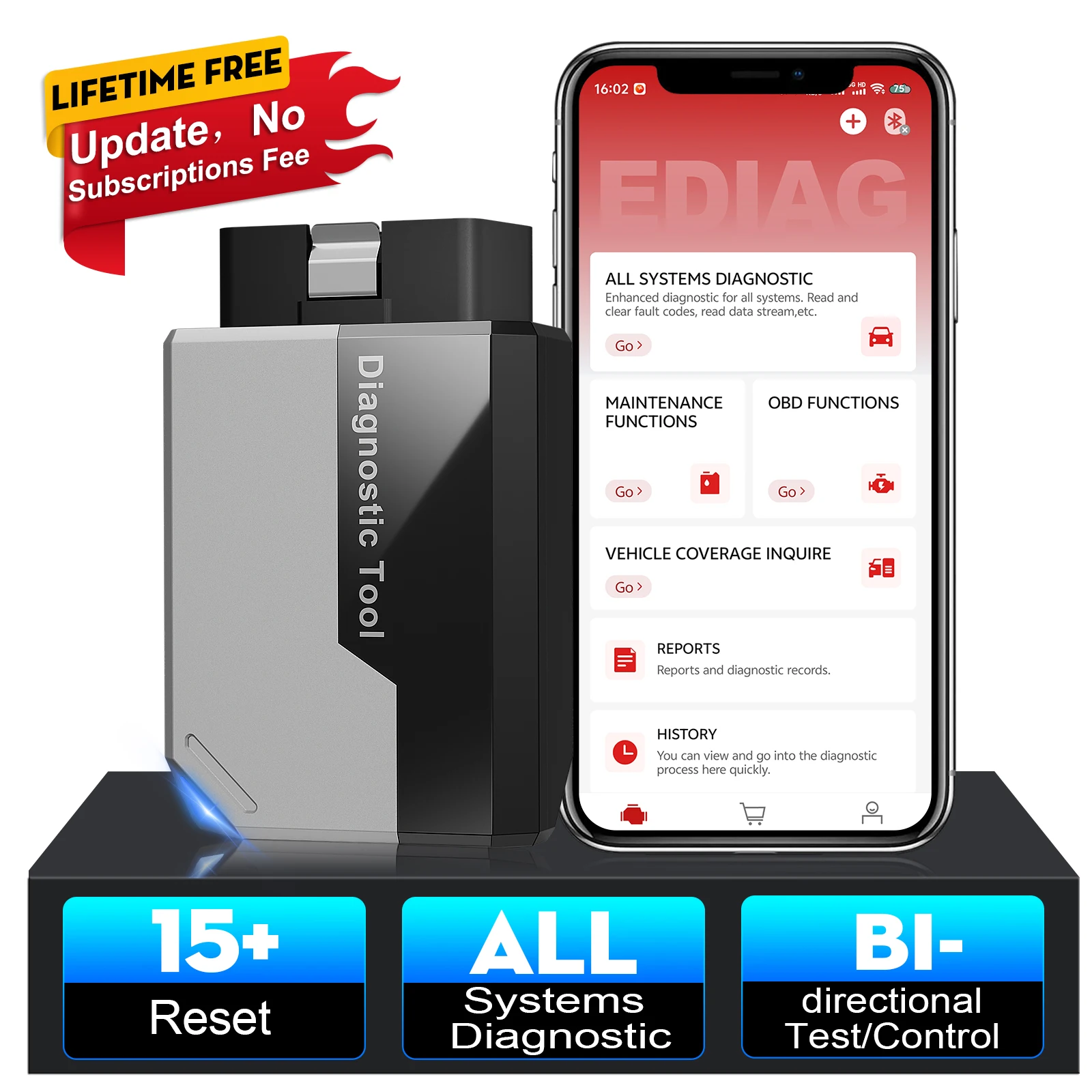 الماسح الضوئي Kingbolen Ediag Elite Obd2 جميع النظامات اختبار نشط 15+ إعادة تعيين لنظام iOS وAndroid، أداة مسح بلوتوث، تحديث مجاني مدى الحياة