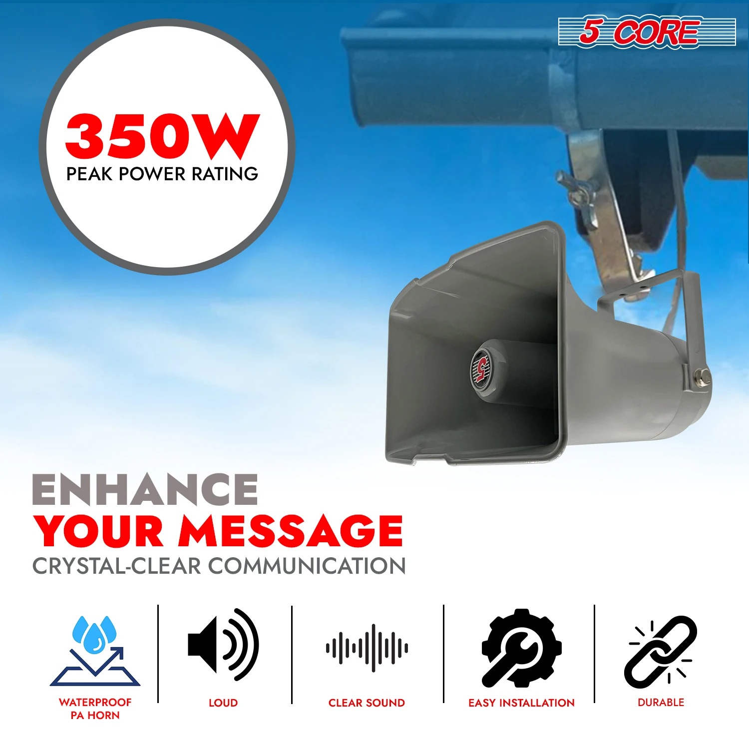 5 Core PA Speaker 13.5 Inch 350W Bull Horn Loud Audio Indoor Outdoor Speakers 8Ohm Reflex Megaphone