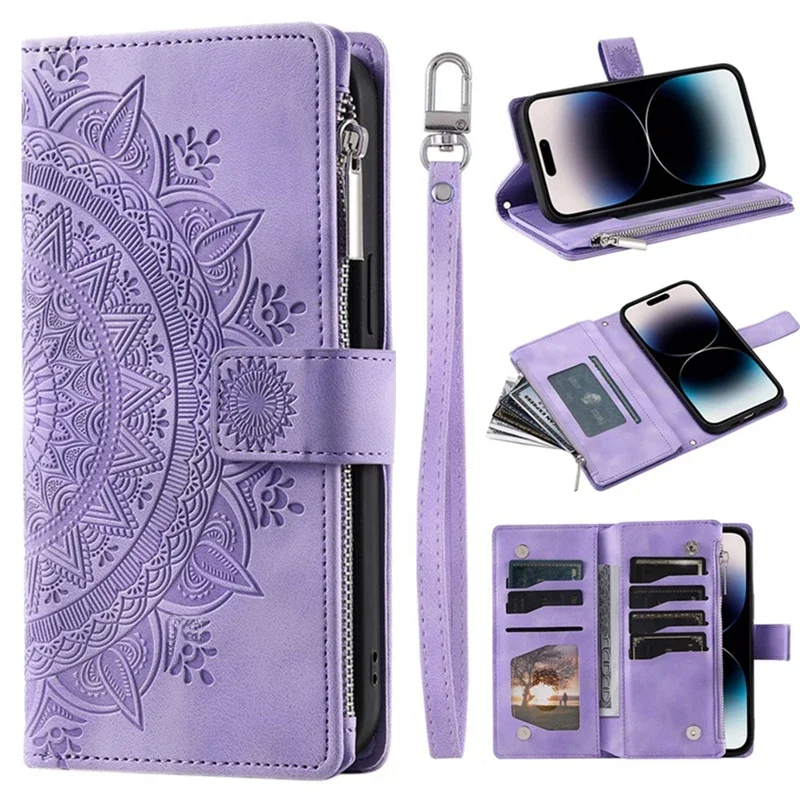 Luxe portemonnee-hoes met ritssluiting voor iPhone 14 15 16 17 Pro Max Air 16E 13 12 11 Pro XR XS 7 8 SE reliëf lederen kaartsleuf telefoontas - afbeelding 2