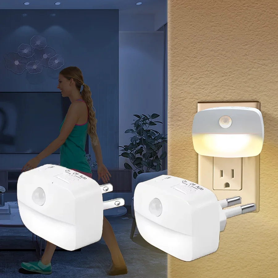 EU US Socket Led Night Light z czujnikiem ruchu AC 85-265V PIR Human Induction Lamp 3 Colors Plug in Wall for Bedroom Hallway — zdjęcie 2