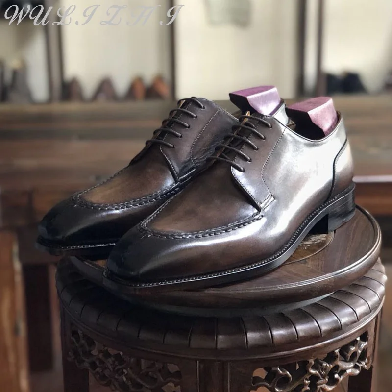 Dark Blue Designer Square Toe Cowhide Business Formal Derby Shoes Imported Leather Sole Men Shoes Handmade Lace Up Wedding Shoes