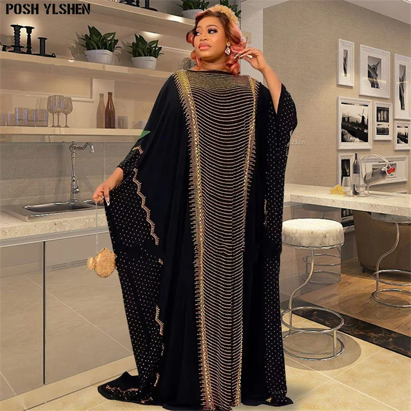 Chiffon Diamonds Caftan Dress African Dresses for Women 2022 Traditional Nigeria Lady Abaya Musulman Boubou Robe Femme Clothes