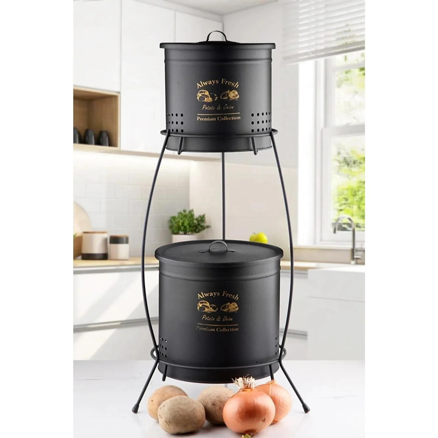 2PCS Metal Storage Box 2 Layers Stand For Potato Onion Vegetable Fresh Holder Wrought Iron Breathable Compartment Luxury Buckets