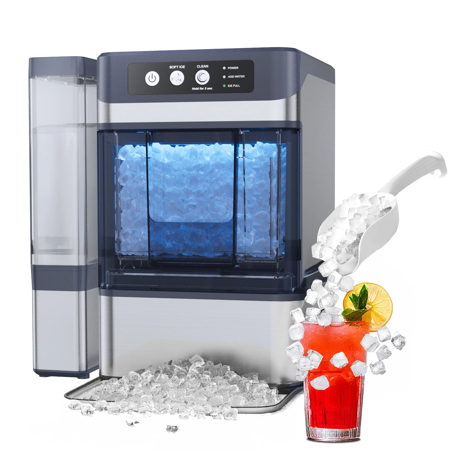 Nugget Ice Maker Countertop with Side Water Tank 40lbs/Day Self-Cleaning Pebble Ice Maker Machine Soft Chewable Pellet Ice