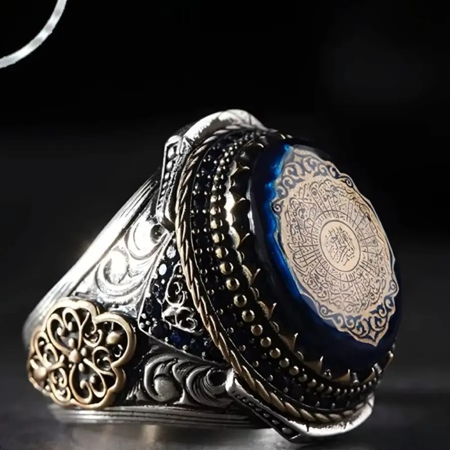 

Blue Amber Carved Surah Inshirah Men's Ring with Zircon Stone - Silver Engraved Jewelry - Ottoman Turkish Style