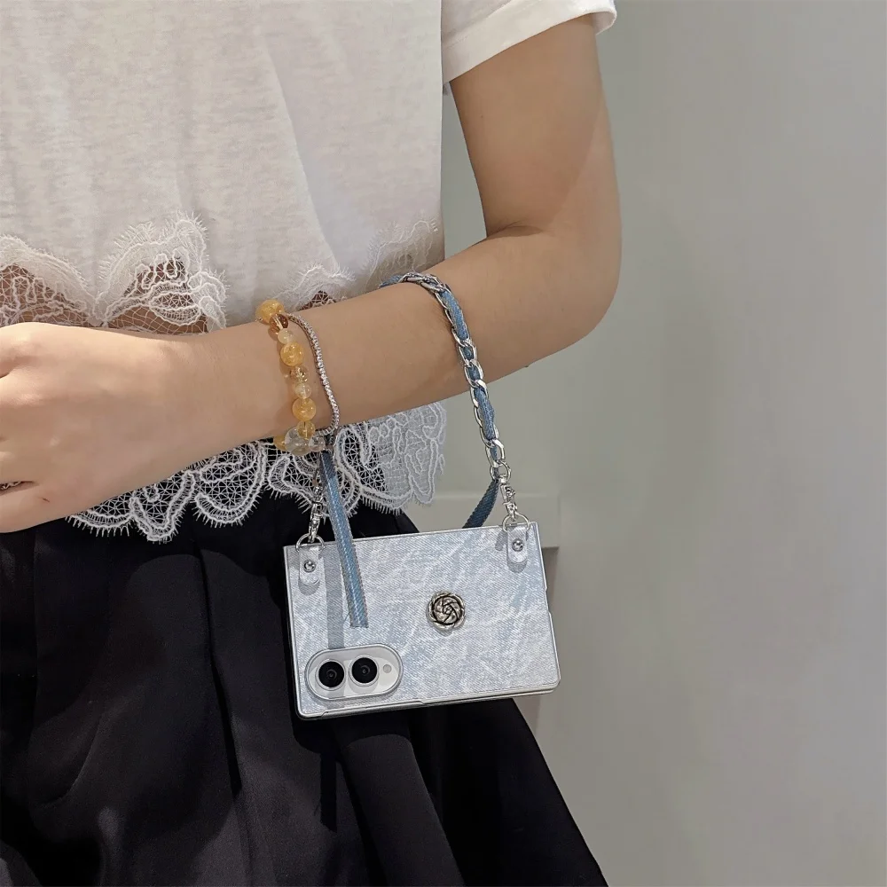 Korea Ins Leather Denim Texture Camellia Pattern Phone Case for Samsung Galaxy Z Fold 8 z fold 8 Fashion Women's Anti-fall Cover