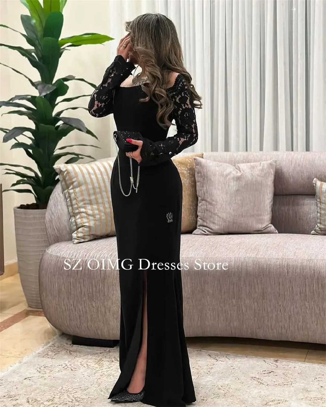 OIMG Dubai Mordern Off the Shoulder Prom Dresses Evening Dress Satin Black Lace Slit Women Evening Gowns Formal Party Dress