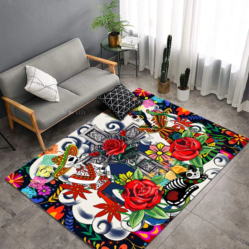 Mexican Skeleton Soft Carpet Day Of The Dead Rose Sugar Skull Aesthetic Halloween Festival Flannel Floor Rugs By Ho Me Lili