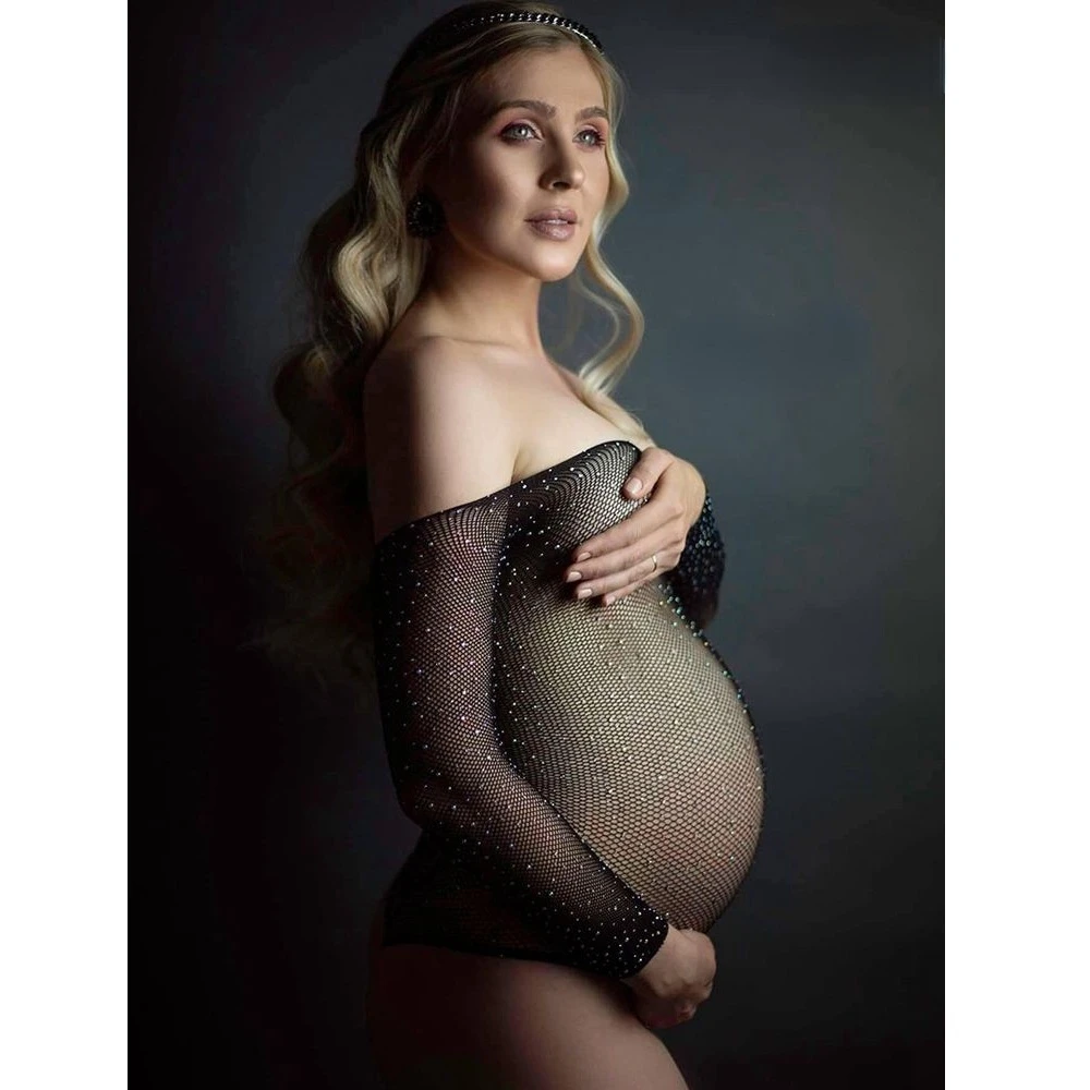 Maternity Photoshoot Stretchy Lace Bodysuit Black Soft Fabric Jumpsuit Maternity Photography Props V Neck Stretchy Lace Sleeve