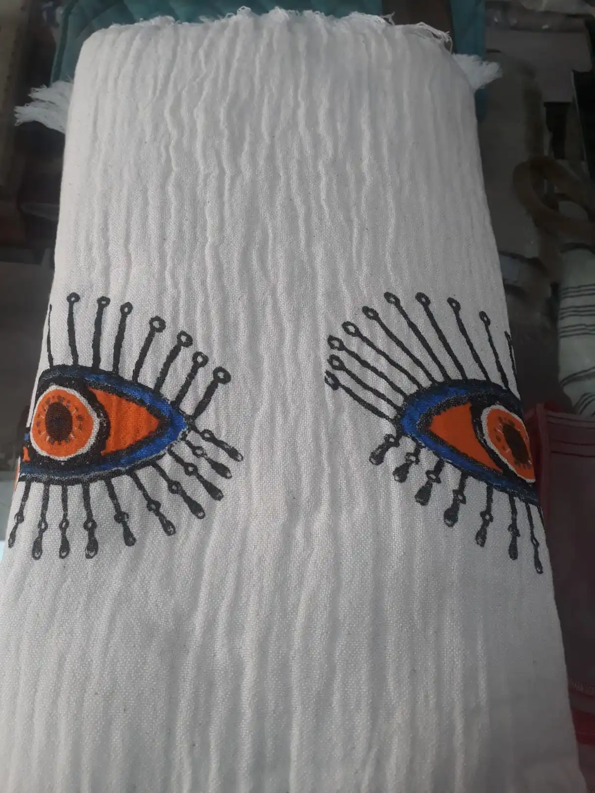 Double Layer Muslin Hand Printed Evil Eye DEsign Turkish Peshtemal Beach and Bath Towel