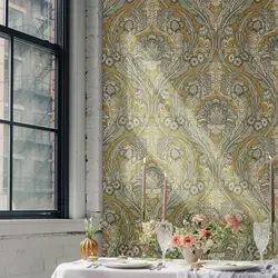 Shimmer Yellow Peel and Stick Wallpaper Morrissey, honeycomb hued Pearlic effect wallpaper inspired by the victorian era