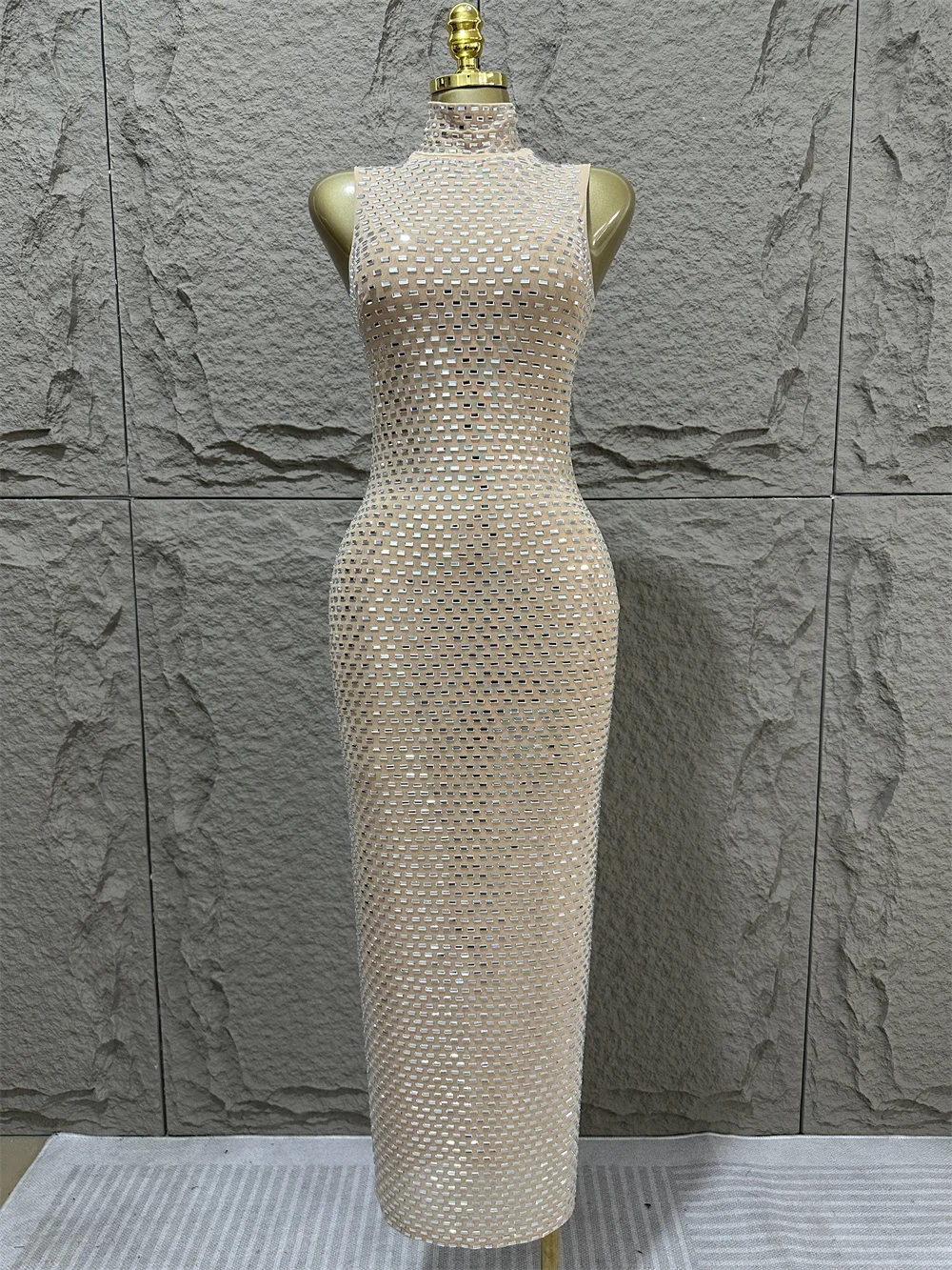 

High Quality Fashion High Neck Slim Fit Sleeveless Diamond Decoration Long Fashion Party Dress Elegant Club Party Dress