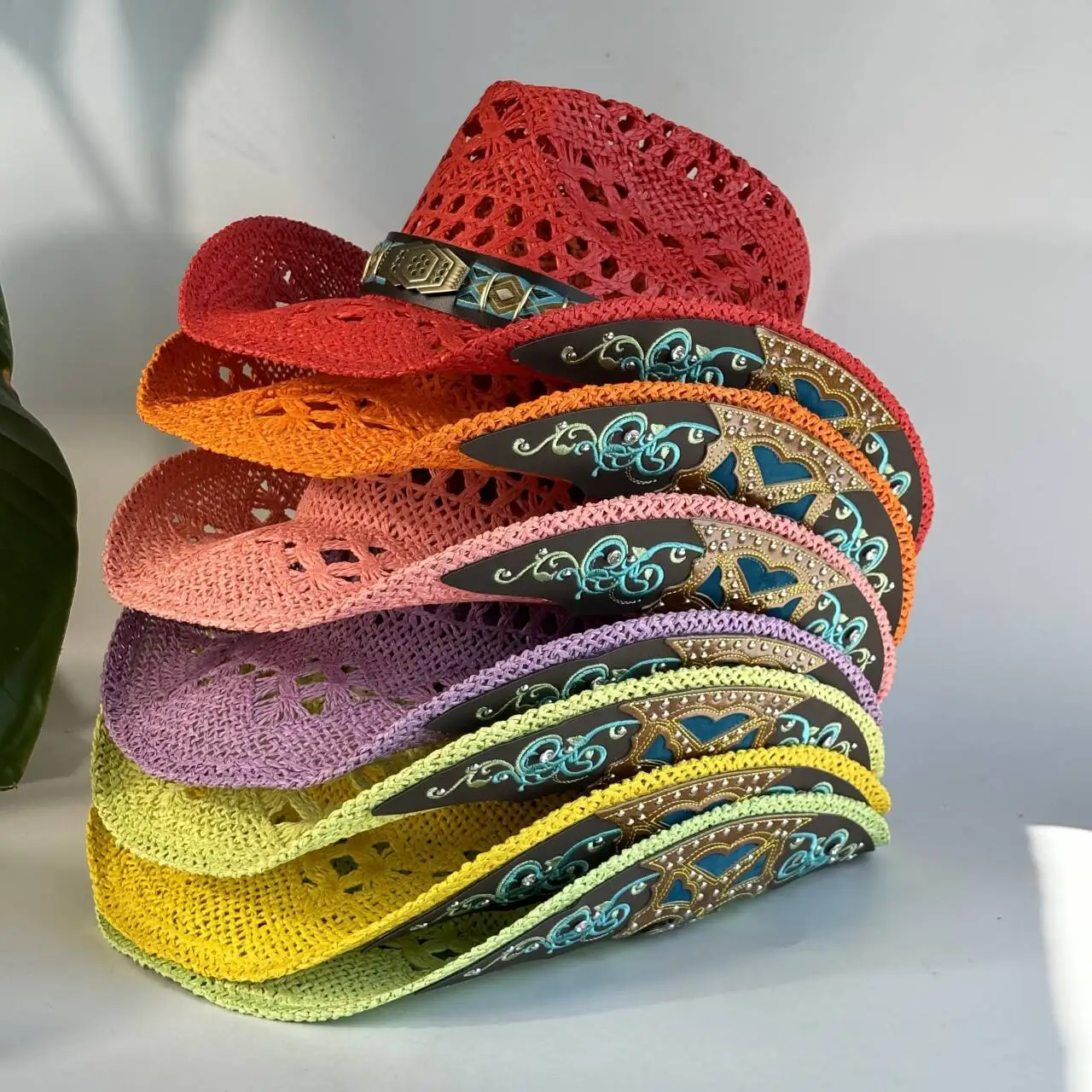 

Vintage Red Hollow Crochet Cowboy Hat for Women - Embroidered Western Style Straw Hat for Rodeo, Festival & Outdoor Activities