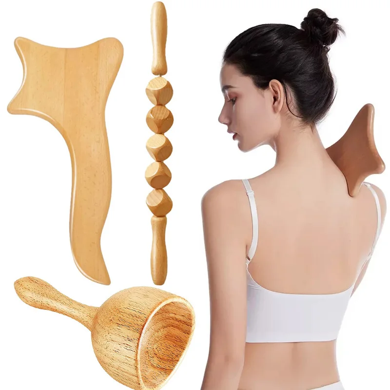 

3-in-1 Wood Therapy Massage Tools Maderoterapia Kit Lymphatic Drainage Massager Tool Body Sculpting Tools Set Wooden Cupping