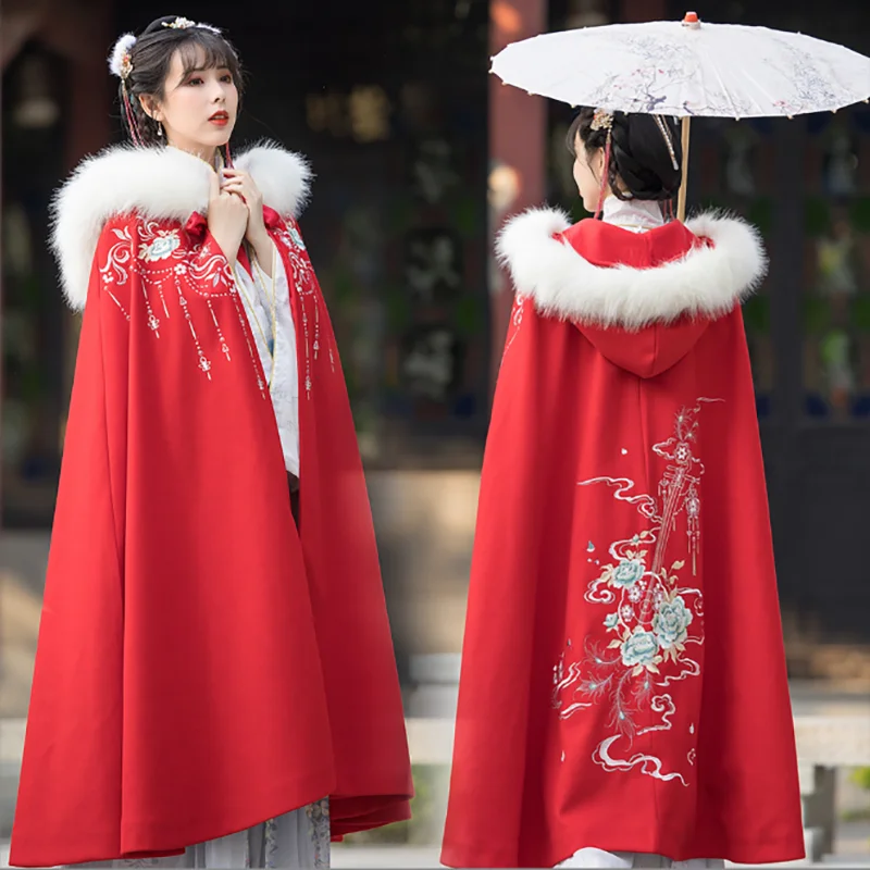 

Winter Warm Thick Hanfu Cloak Women Chinese Traditional Embroidery Cape Cloak Cosplay Costume Pink Red Christmas Cape Costume