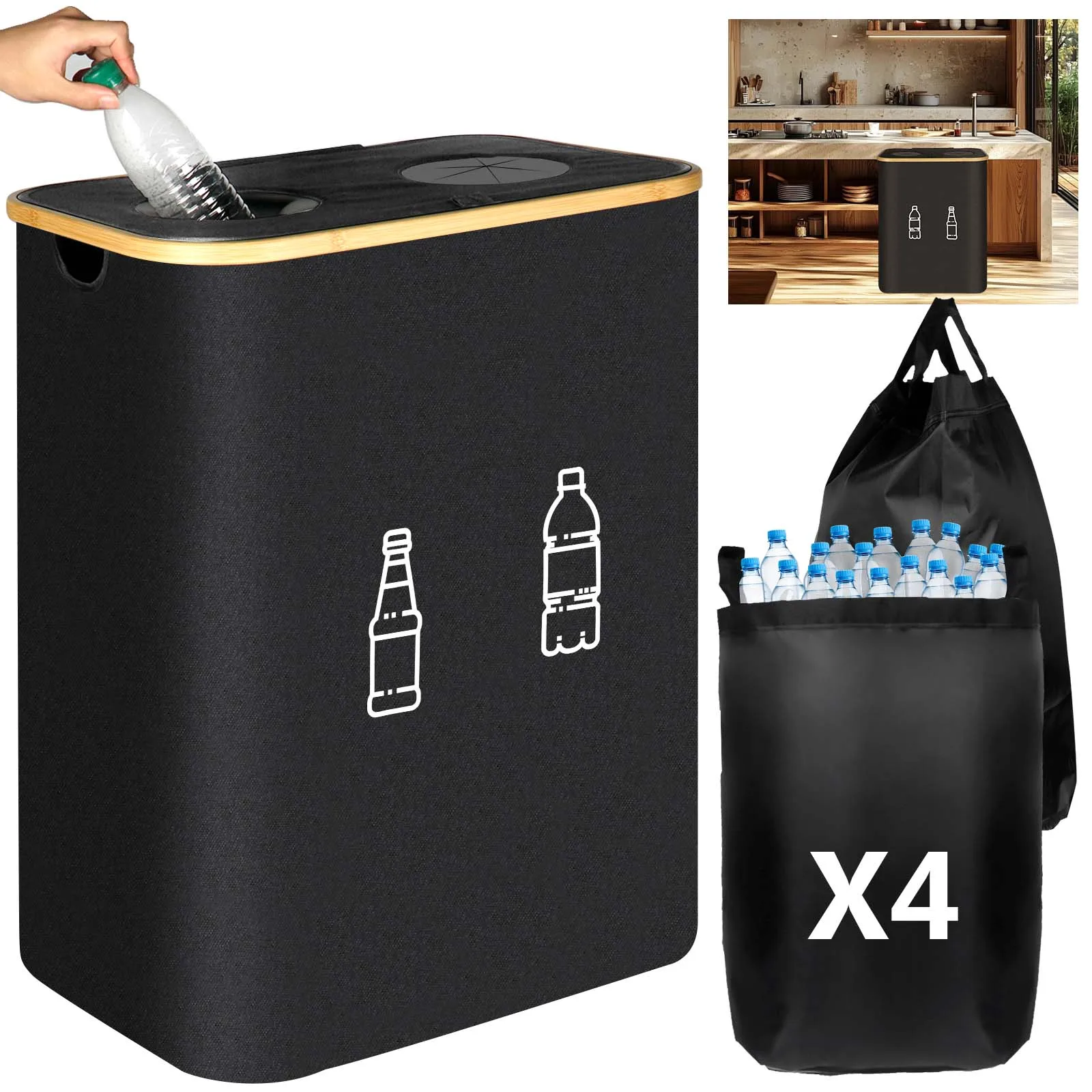 160 L Flaschensammler, leerer Behälter für Aufbewahrungsflaschen mit 2 Fächern, 4 waschbare Flaschentasche für Waschmaschinen